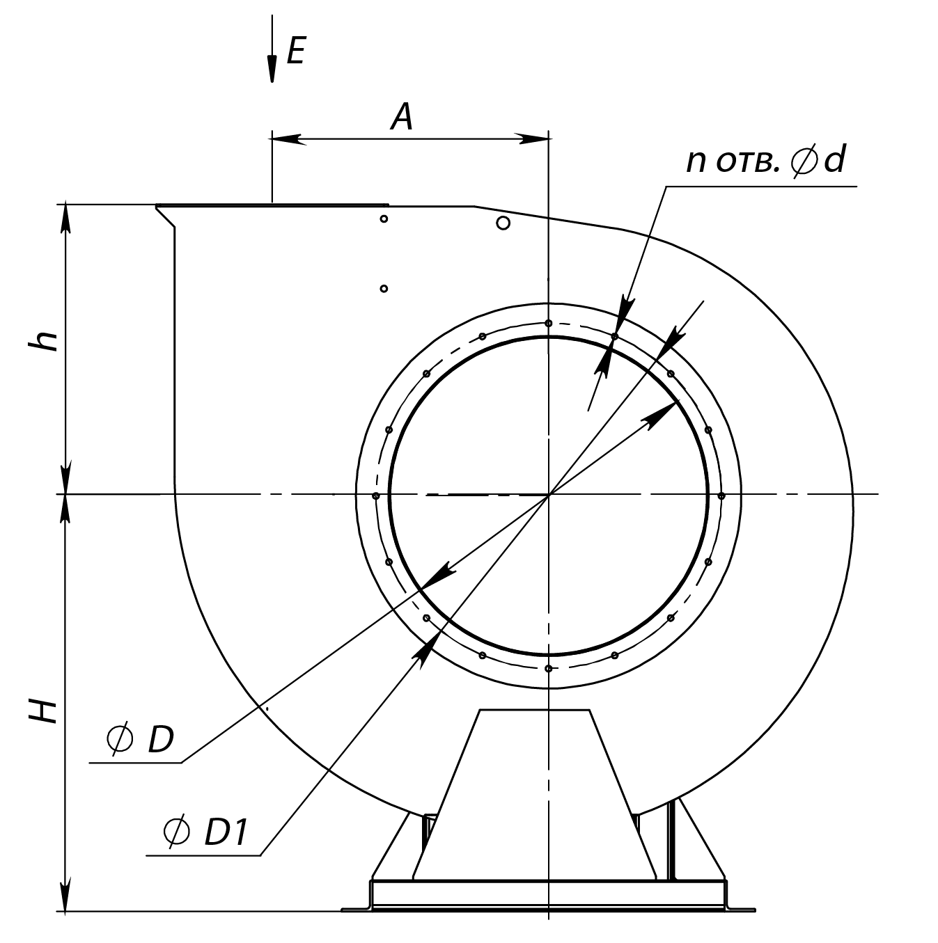 Габаритные и присоединительные размеры радиального вентилятора ВР 280-46 ДУ №8, Исполнение 1